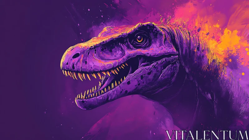 Neon-lit dinosaur head rendered in high-contrast duotone gradients