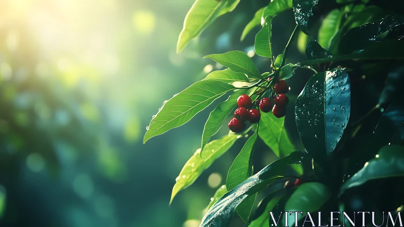 Sunlit red berries glow among fresh rain-kissed leaves.