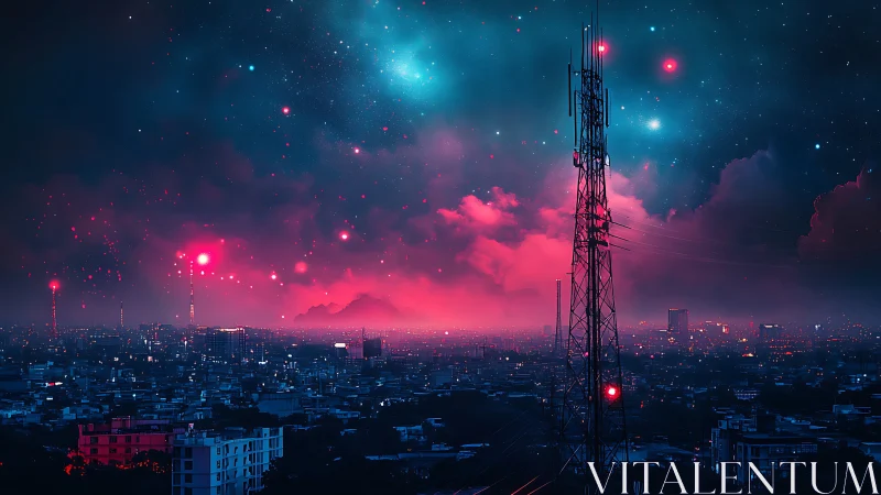 Neon telecom tower over cyberpunk city under stellar sky.