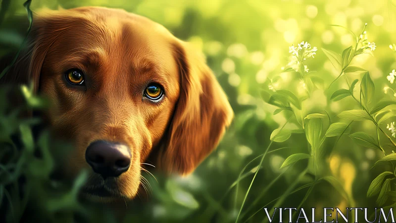 Gentle golden dog gazes softly from sunny green meadow