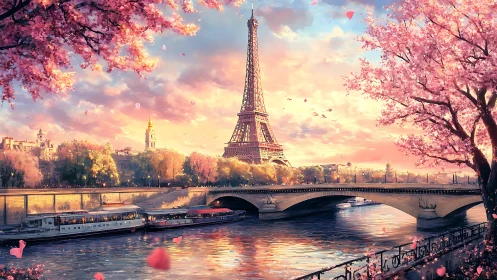 Eiffel Tower viewed across river bridge framed by pink blossoms