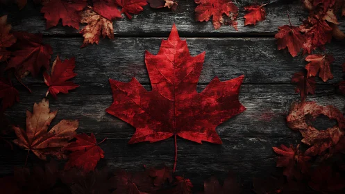 Crimson maple leaf crowned against weathered wooden twilight.