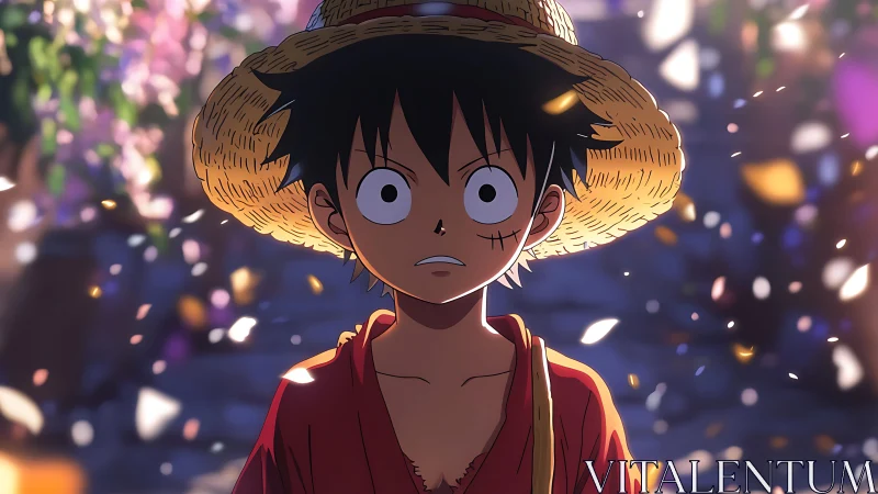 Straw hat anime boy stands centered amid drifting petals