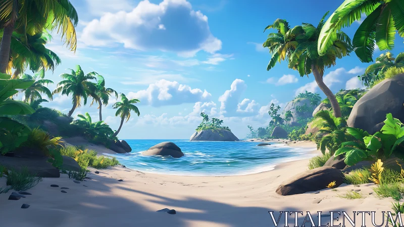 Tropical Beach Cove with Palm Trees and Clear Waters.