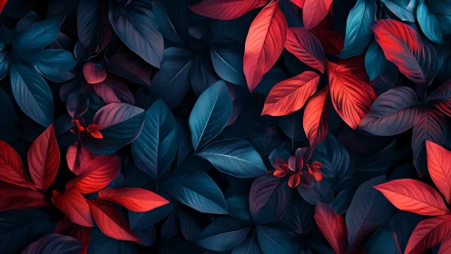 Bicolored foliage pattern uses deep cyan and red gradient shading