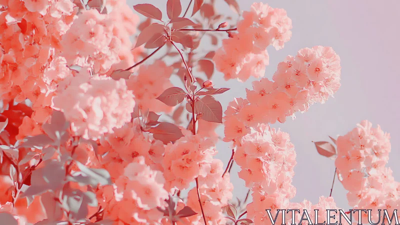 Coral Pink Crepe Myrtles: Dense Floral Clusters Against Soft Sky Backdrop