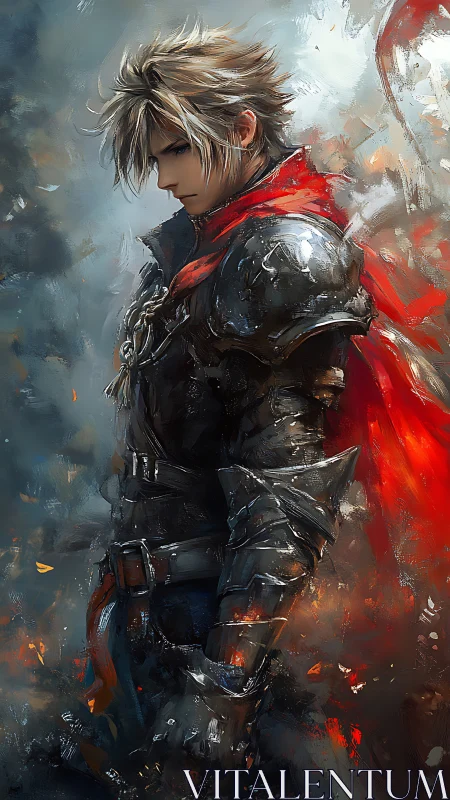 Storm-lit knight with crimson scarf in quiet reflection.