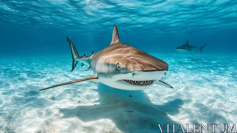 Curious reef shark cruising sunlit turquoise shallows.