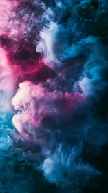 Vibrant pink and blue smoke clouds in dark abstract space.