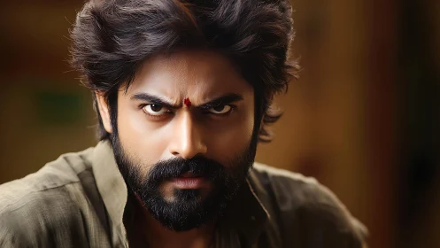 Intense gaze of a determined man in warm golden light.