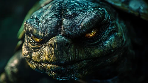 Close frontal view of reptilian creature with scaled skin.