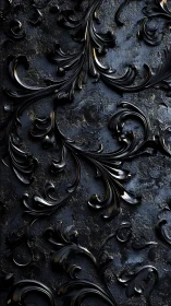 Glossy black baroque scrollwork overlays rough dark metallic plaster