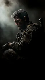 Quiet warrior in shadowed light, resting between battles.