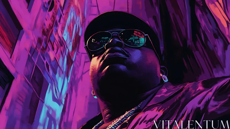 Neon portrait of rapper under city lights at night.