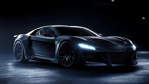 Midnight-black supercar glows under sleek studio lights.