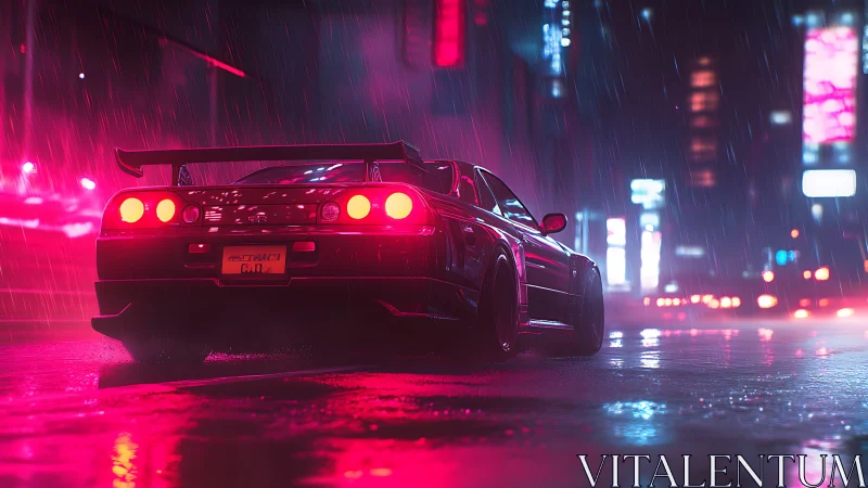 Neon soaked street racer glowing in a rainy night city.
