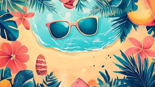Beach Summer Flatlay with Sunglasses and Tropical Foliage.