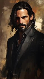 Brooding man in dark suit stands against textured warm backdrop