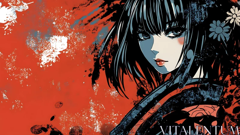 Stylized portrait of kimono-clad girl on red backdrop.