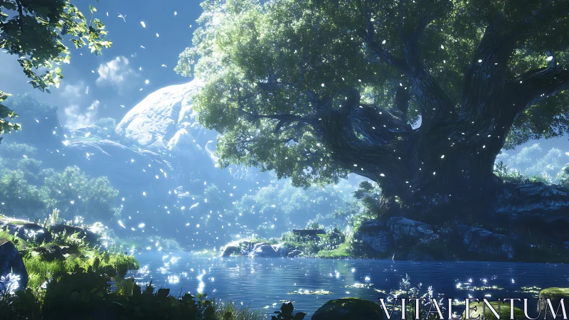 Spellbound river beneath the whispering world-tree glow.