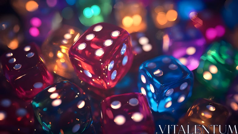 Luminous translucent dice glow under colorful studio lighting.