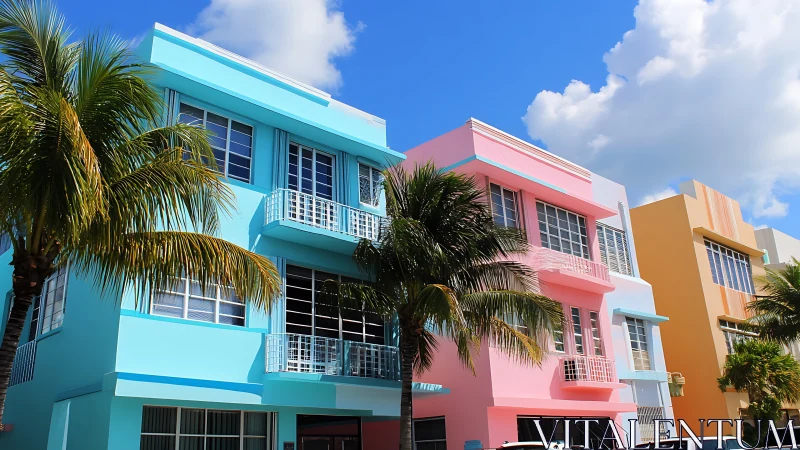 Pastel art deco beachfront apartments under palm trees.