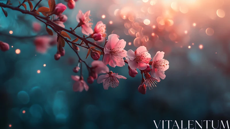 Cherry Blossoms with Bokeh Light Effects and Teal-Rose Color Gradient
