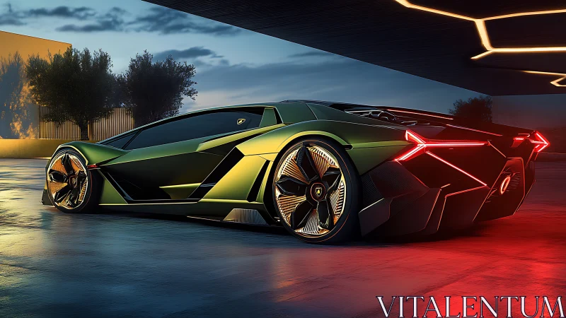Futuristic green hypercar glows under sleek modern canopy
