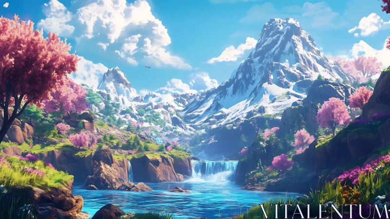 Snowcapped mountain towers above cascading turquoise lake