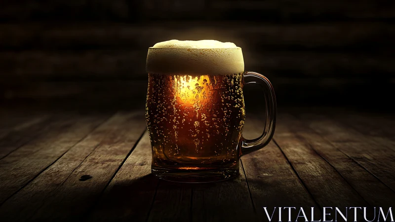 Glass beer mug stands on wooden surface under focused light