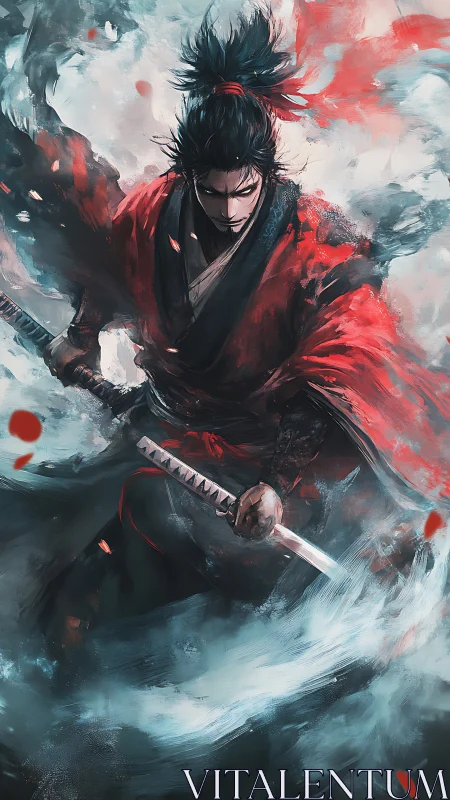 Samurai warrior in red kimono advances through abstract storm