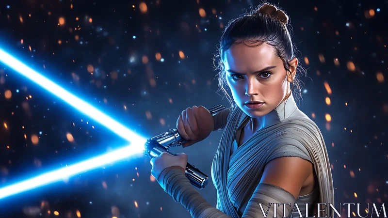 Dynamic sci‑fi warrior with dual blue energy blade in bokeh field