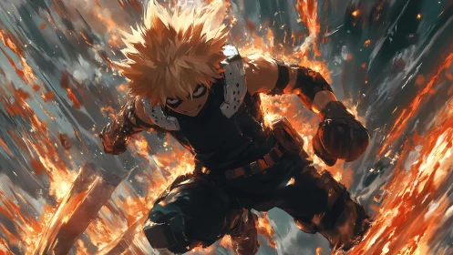 Explosive anime combatant in midair ignition vortex field.