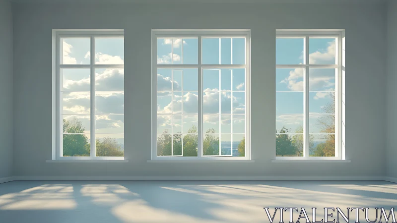 Sunlit empty interior framed by three large vertical windows