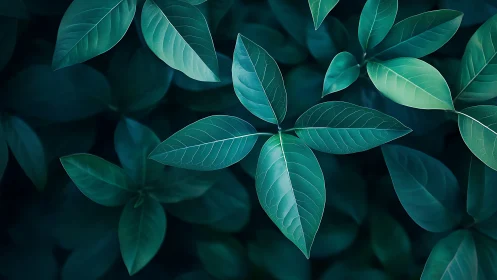 Close-up of overlapping green leaves with dark background.