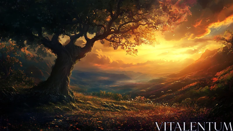 Ancient tree overlooks a glowing valley at enchanted sunset