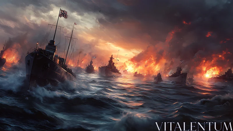 War-torn dusk seascape with burning armada in turmoil.