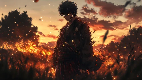 Lone dusk samurai strides through embers and dying fire.