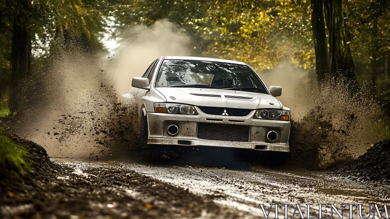 Rally car slicing through muddy forest track with bold energy.