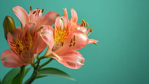 Alstroemeria Blooms with Gradient Teal Background and Visible Stamen Structure