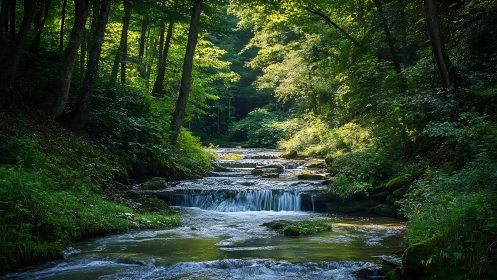 Tranquil forest stream with cascading waterfalls in natural light.