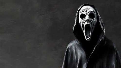 Hooded skeletal specter with screaming white mask portrait.
