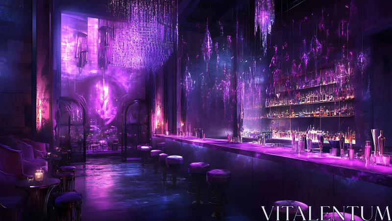 Purple illuminated bar interior with reflective surfaces.