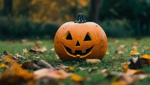 Grinning jack-o-lantern on autumn lawn at dusk depth of field.