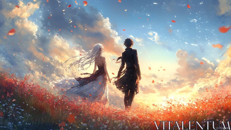 Two anime figures stand in a flower field at glowing sunset