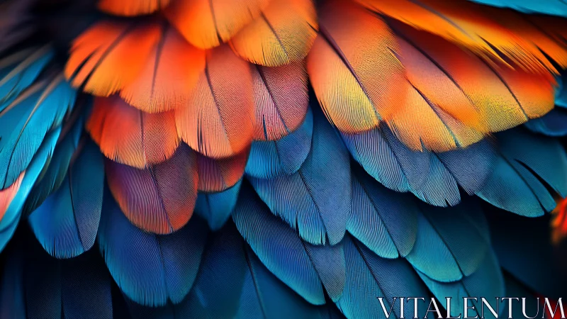 Macaw feather close-up reveals vivid blue and orange plumage.
