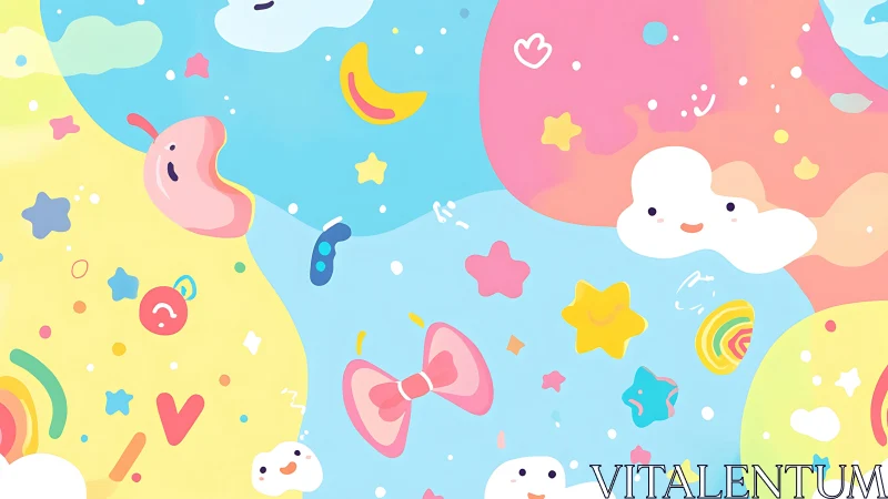 Playful pastel sky with kawaii clouds and floating symbols.