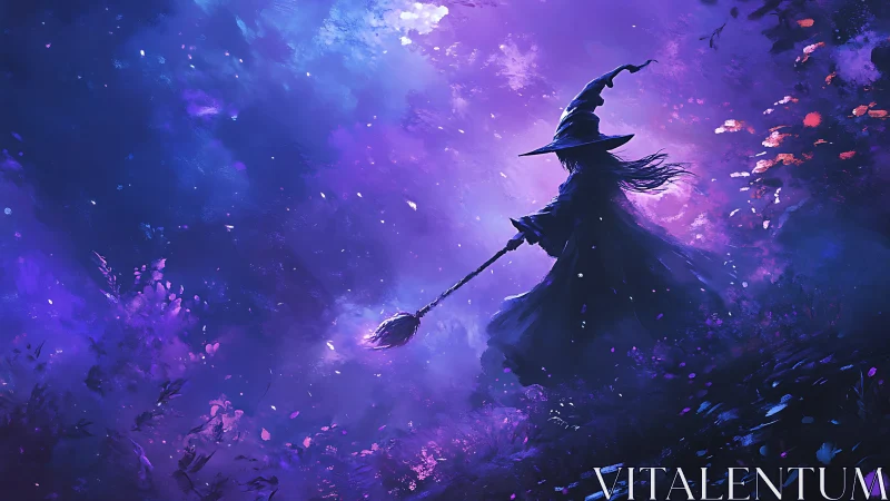 Midnight witch walks through glowing violet forest veil