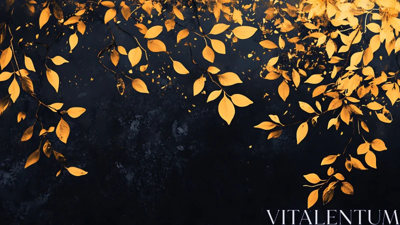 Golden leaves drifting softly across midnight blue sky.