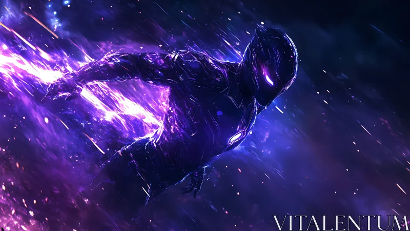 Starlit velocity wraps a neon hero in cascading violet fire